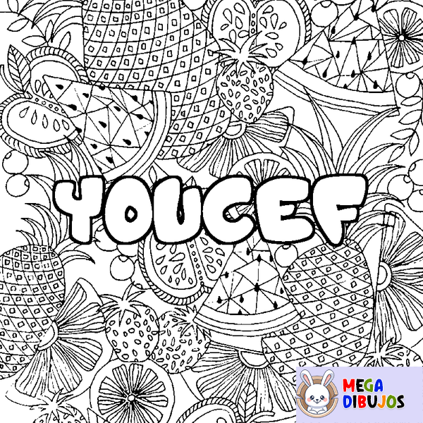 Coloraci&oacute;n del nombre YOUCEF - decorado mandala de frutas