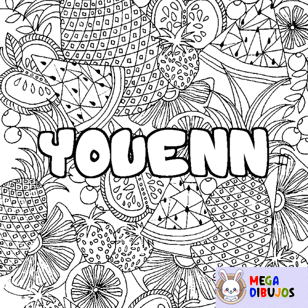 Coloraci&oacute;n del nombre YOUENN - decorado mandala de frutas