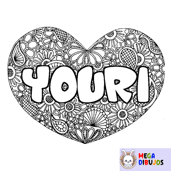 Coloraci&oacute;n del nombre YOURI - decorado mandala de coraz&oacute;n