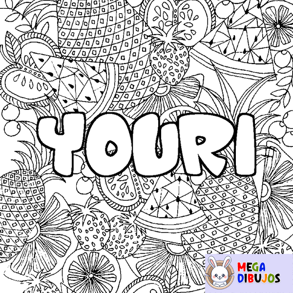 Coloraci&oacute;n del nombre YOURI - decorado mandala de frutas