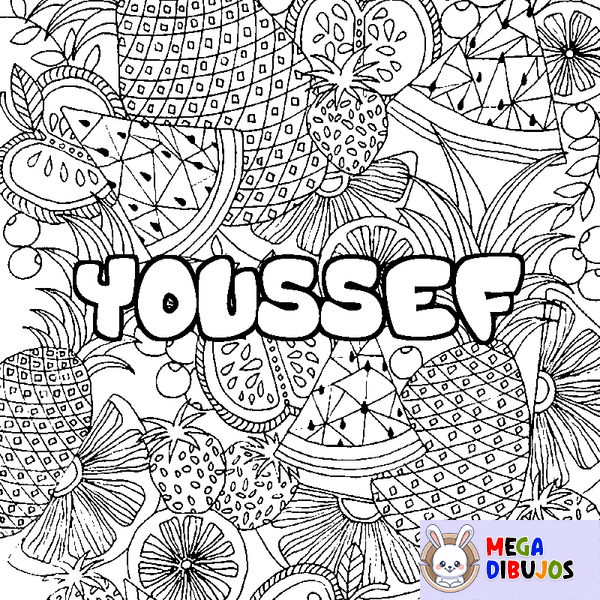 Coloraci&oacute;n del nombre YOUSSEF - decorado mandala de frutas