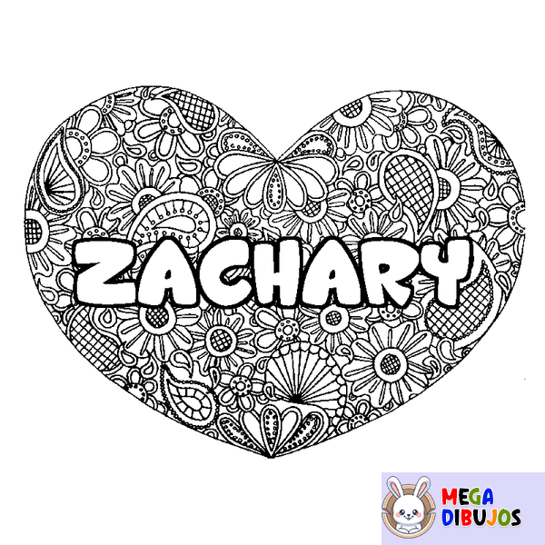 Coloraci&oacute;n del nombre ZACHARY - decorado mandala de coraz&oacute;n