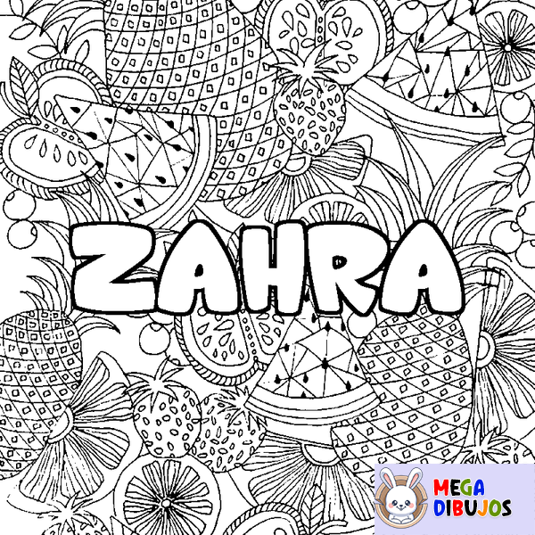 Coloraci&oacute;n del nombre ZAHRA - decorado mandala de frutas