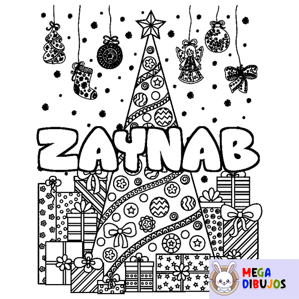 Coloraci&oacute;n del nombre ZAYNAB - decorado &aacute;rbol de Navidad y regalos