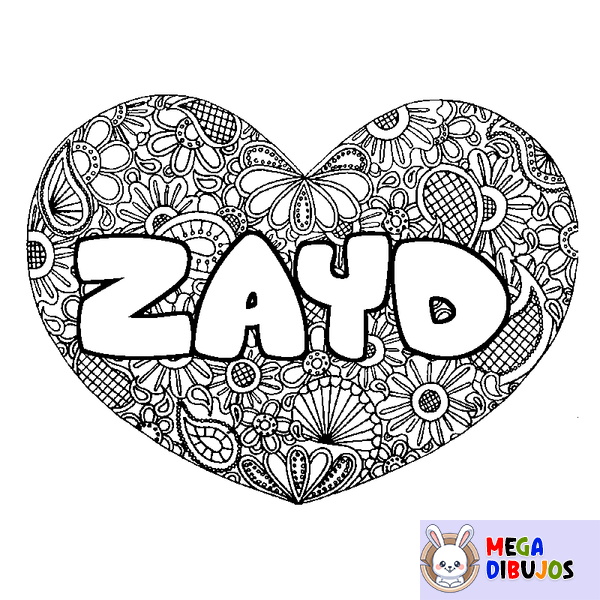 Coloraci&oacute;n del nombre ZAYD - decorado mandala de coraz&oacute;n