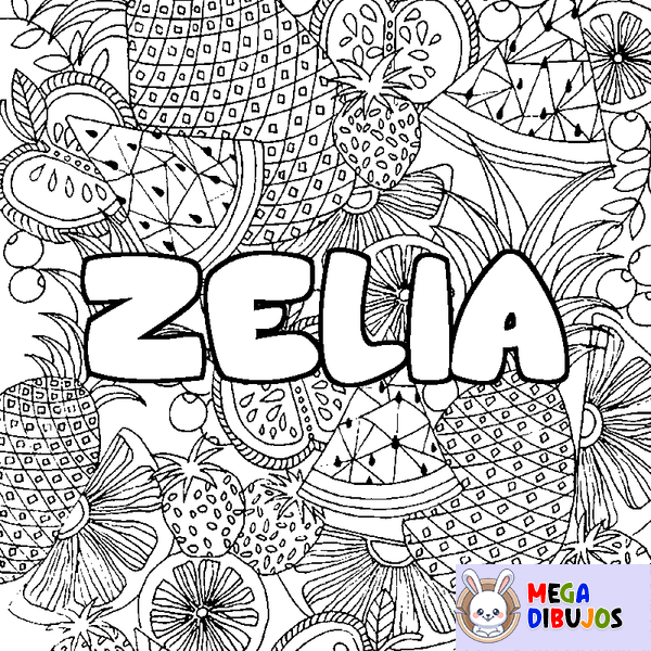 Coloraci&oacute;n del nombre ZELIA - decorado mandala de frutas