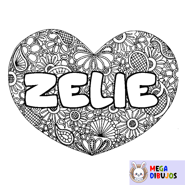 Coloraci&oacute;n del nombre ZELIE - decorado mandala de coraz&oacute;n