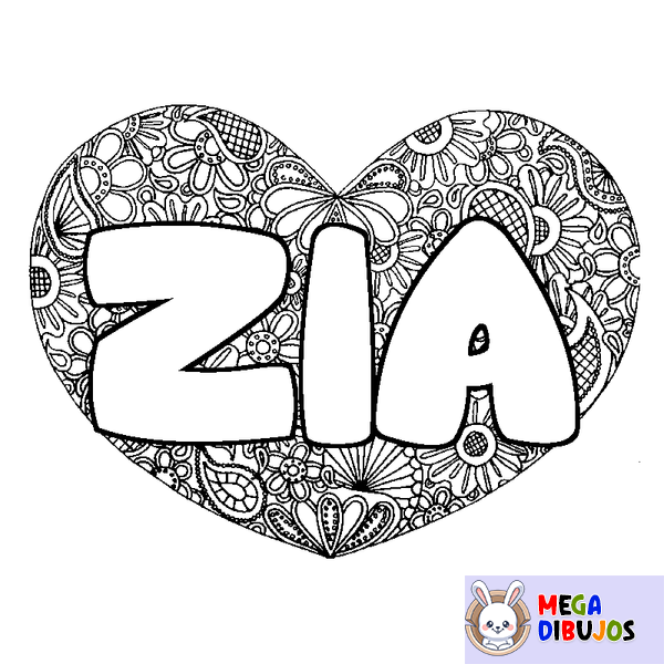 Coloraci&oacute;n del nombre ZIA - decorado mandala de coraz&oacute;n