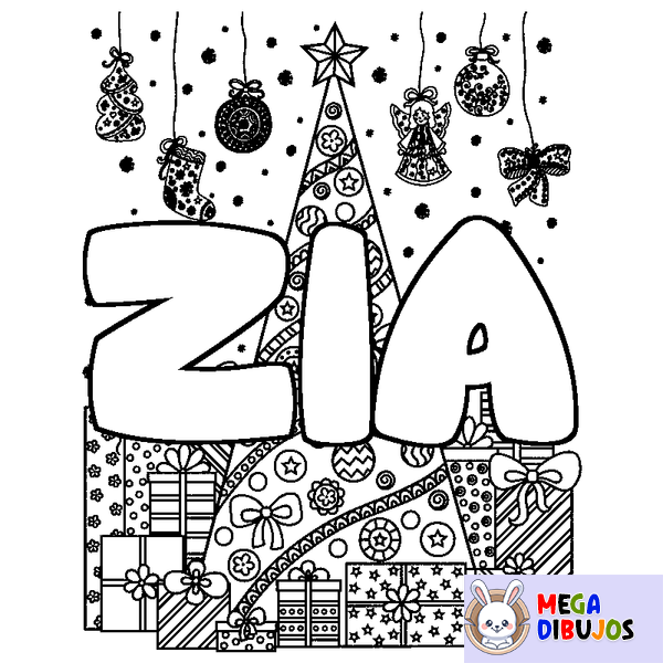 Coloraci&oacute;n del nombre ZIA - decorado &aacute;rbol de Navidad y regalos