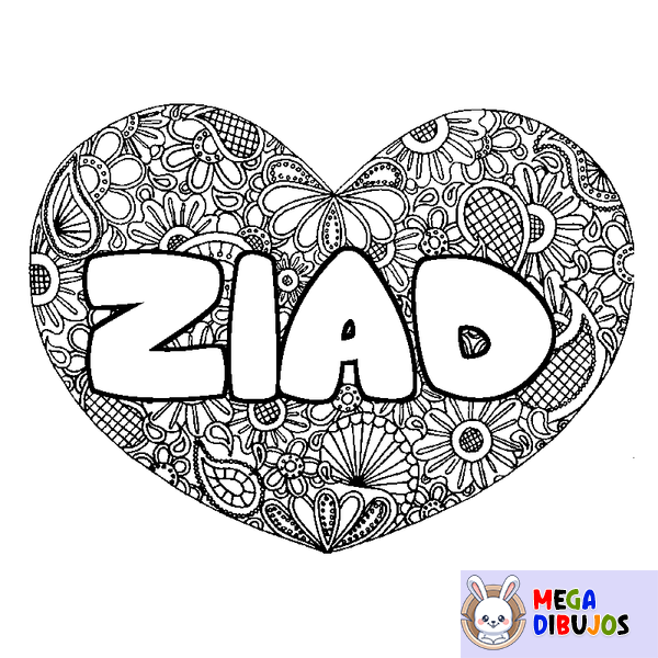 Coloraci&oacute;n del nombre ZIAD - decorado mandala de coraz&oacute;n