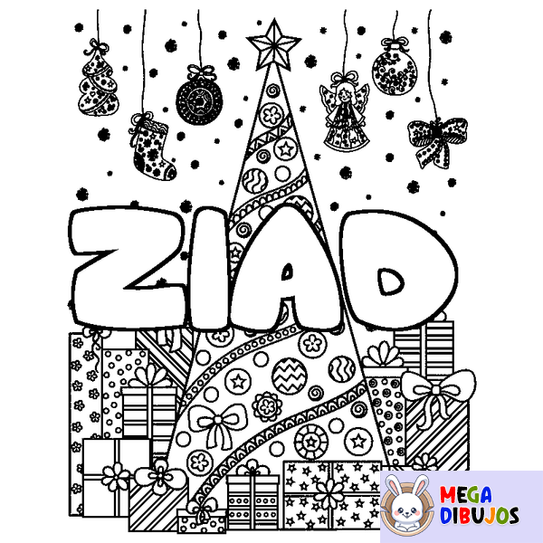 Coloraci&oacute;n del nombre ZIAD - decorado &aacute;rbol de Navidad y regalos