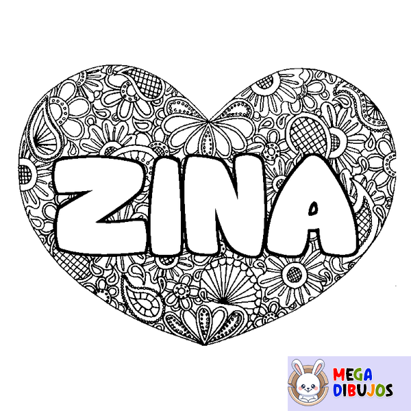 Coloraci&oacute;n del nombre ZINA - decorado mandala de coraz&oacute;n