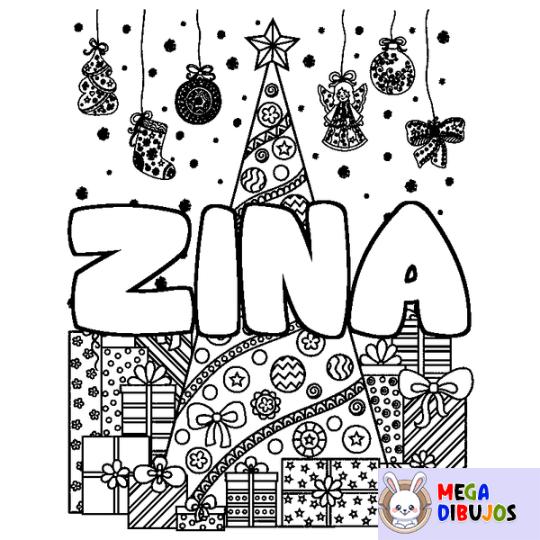 Coloraci&oacute;n del nombre ZINA - decorado &aacute;rbol de Navidad y regalos