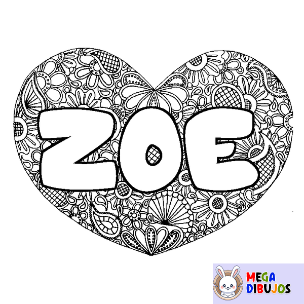 Coloraci&oacute;n del nombre ZOE - decorado mandala de coraz&oacute;n