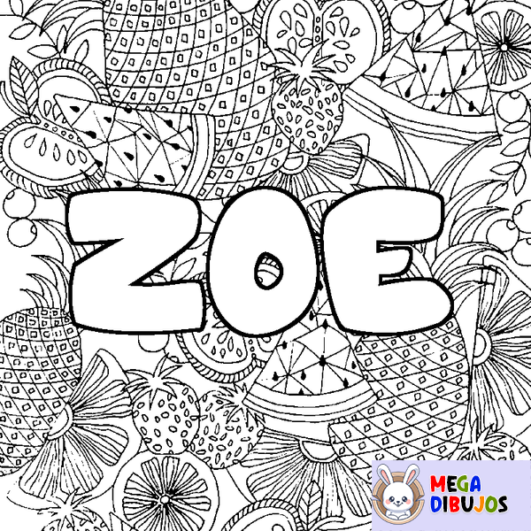 Coloraci&oacute;n del nombre ZOE - decorado mandala de frutas