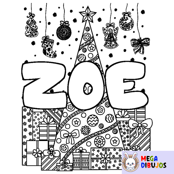 Coloraci&oacute;n del nombre ZOE - decorado &aacute;rbol de Navidad y regalos