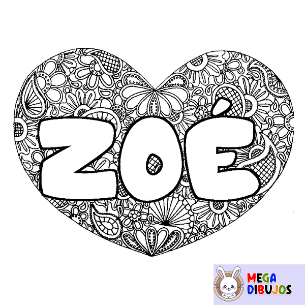 Coloraci&oacute;n del nombre ZO&Eacute; - decorado mandala de coraz&oacute;n
