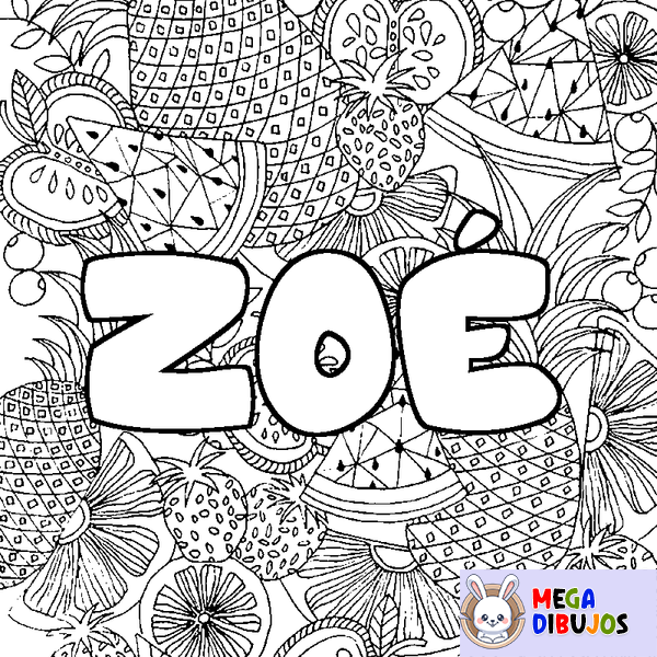 Coloraci&oacute;n del nombre ZO&Eacute; - decorado mandala de frutas