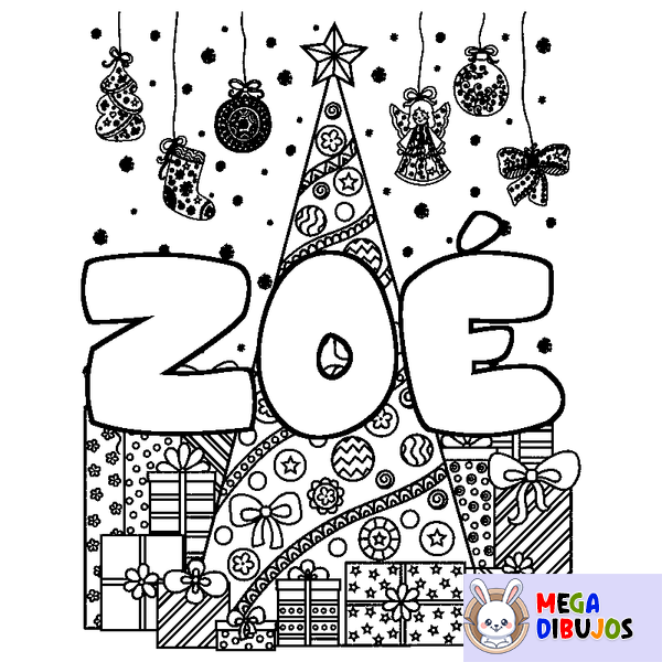 Coloraci&oacute;n del nombre ZO&Eacute; - decorado &aacute;rbol de Navidad y regalos