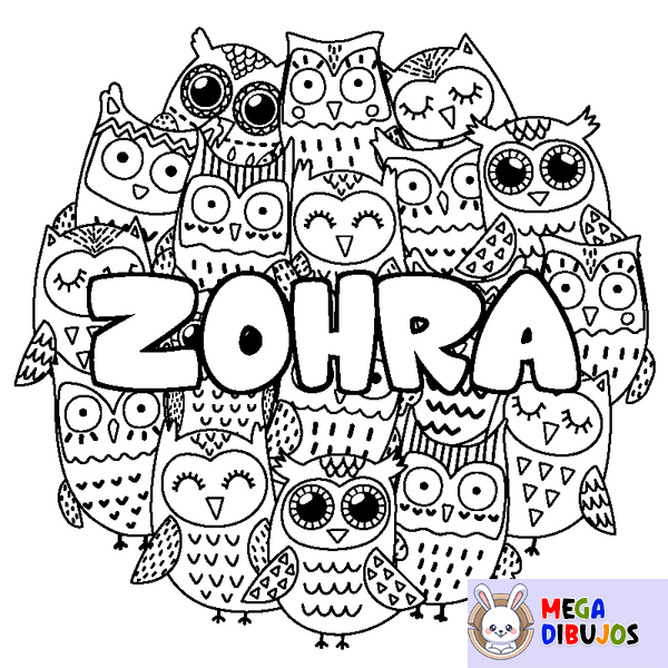 Coloraci&oacute;n del nombre ZOHRA - decorado b&uacute;hos