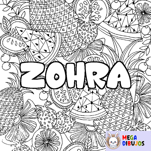 Coloraci&oacute;n del nombre ZOHRA - decorado mandala de frutas