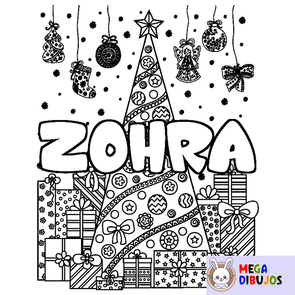 Coloraci&oacute;n del nombre ZOHRA - decorado &aacute;rbol de Navidad y regalos