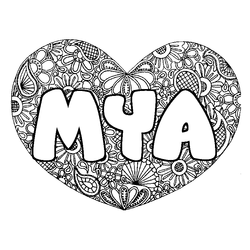 Coloraci&oacute;n del nombre MYA - decorado mandala de coraz&oacute;n