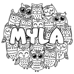 Coloraci&oacute;n del nombre MYLA - decorado b&uacute;hos