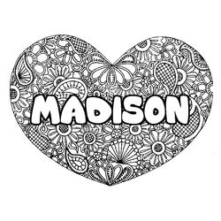 Coloraci&oacute;n del nombre MADISON - decorado mandala de coraz&oacute;n