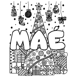 Coloraci&oacute;n del nombre MA&Eacute; - decorado &aacute;rbol de Navidad y regalos