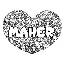 Coloraci&oacute;n del nombre MAHER - decorado mandala de coraz&oacute;n