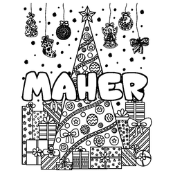 Coloraci&oacute;n del nombre MAHER - decorado &aacute;rbol de Navidad y regalos