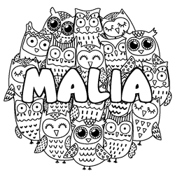 Coloraci&oacute;n del nombre MALIA - decorado b&uacute;hos