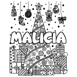 Coloraci&oacute;n del nombre MALICIA - decorado &aacute;rbol de Navidad y regalos
