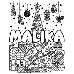 Coloraci&oacute;n del nombre MALIKA - decorado &aacute;rbol de Navidad y regalos