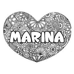 Coloraci&oacute;n del nombre MARINA - decorado mandala de coraz&oacute;n