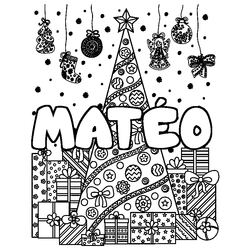 Coloraci&oacute;n del nombre MAT&Eacute;O - decorado &aacute;rbol de Navidad y regalos