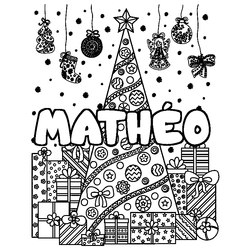 Coloraci&oacute;n del nombre MATH&Eacute;O - decorado &aacute;rbol de Navidad y regalos