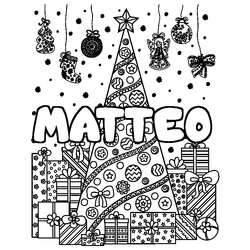 Coloraci&oacute;n del nombre MATTEO - decorado &aacute;rbol de Navidad y regalos