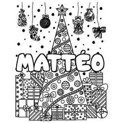 Coloraci&oacute;n del nombre MATT&Eacute;O - decorado &aacute;rbol de Navidad y regalos