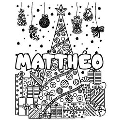 Coloraci&oacute;n del nombre MATTH&Eacute;O - decorado &aacute;rbol de Navidad y regalos