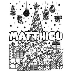 Coloraci&oacute;n del nombre MATTHIEU - decorado &aacute;rbol de Navidad y regalos