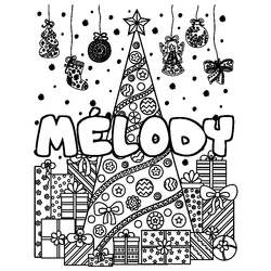 Coloraci&oacute;n del nombre M&Eacute;LODY - decorado &aacute;rbol de Navidad y regalos