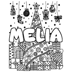 Coloraci&oacute;n del nombre MELIA - decorado &aacute;rbol de Navidad y regalos
