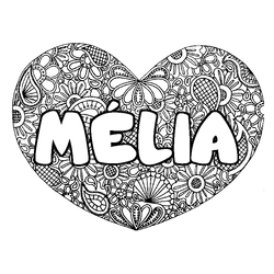 Coloraci&oacute;n del nombre M&Eacute;LIA - decorado mandala de coraz&oacute;n