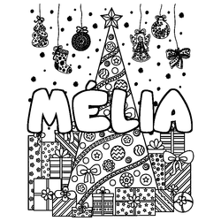 Coloraci&oacute;n del nombre M&Eacute;LIA - decorado &aacute;rbol de Navidad y regalos