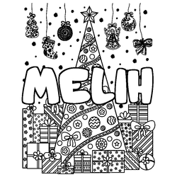 Coloraci&oacute;n del nombre MELIH - decorado &aacute;rbol de Navidad y regalos