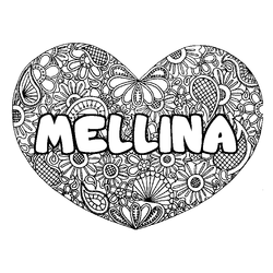 Coloraci&oacute;n del nombre MELLINA - decorado mandala de coraz&oacute;n