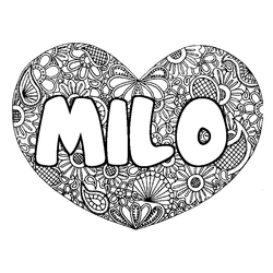 Coloraci&oacute;n del nombre MILO - decorado mandala de coraz&oacute;n
