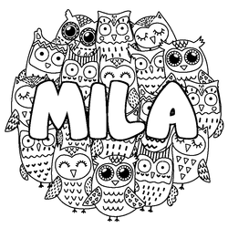 Coloraci&oacute;n del nombre MILA - decorado b&uacute;hos
